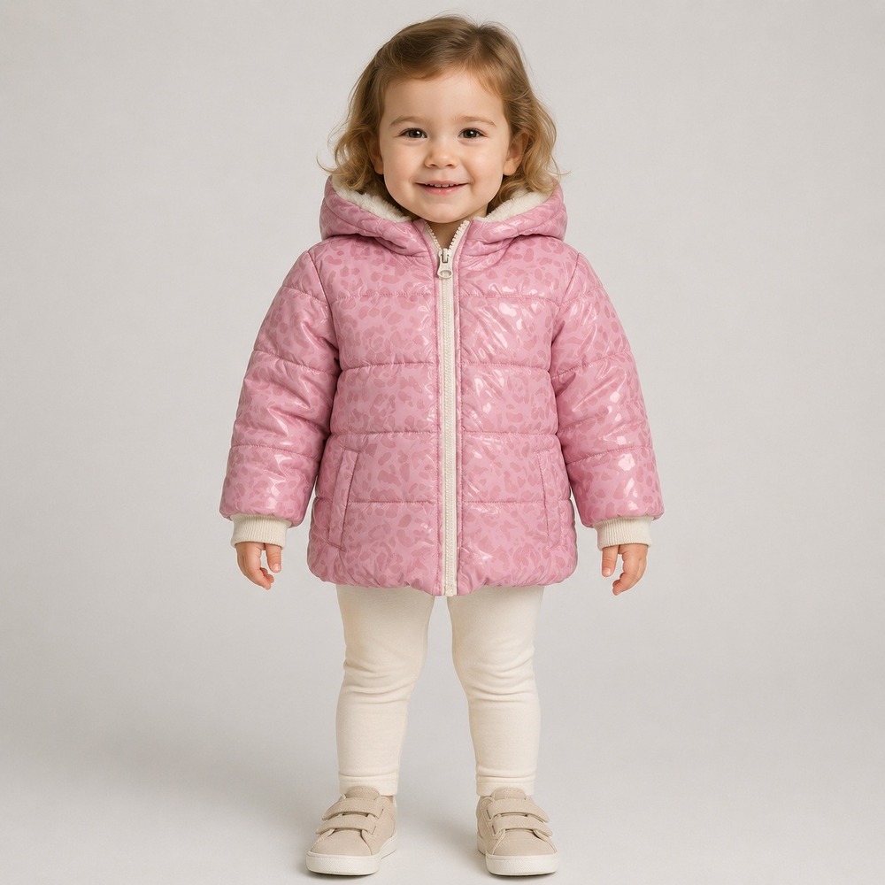 Swisstech Toddler Girls Pink Leopard Sherpa‎ Lined Hooded Puffer Jacket 2T